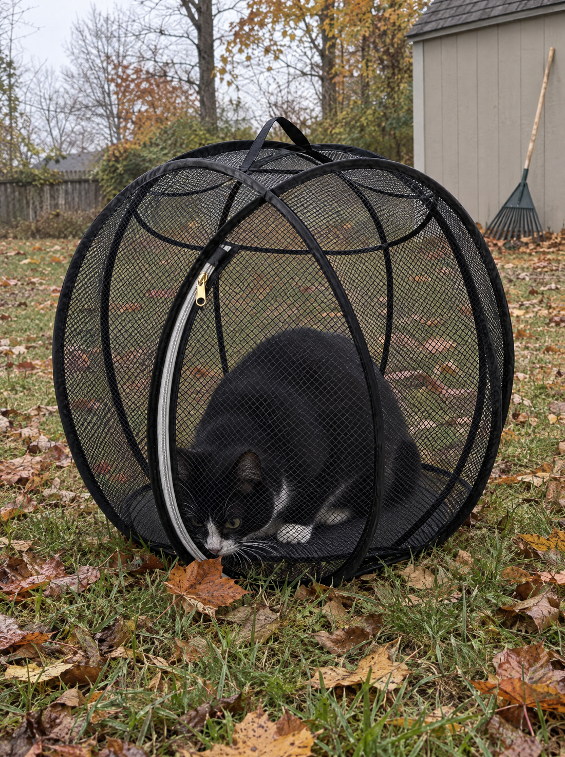 Tuxedo cat sniffing a fallen leaf from inside a black Meowtside Ball in autumn