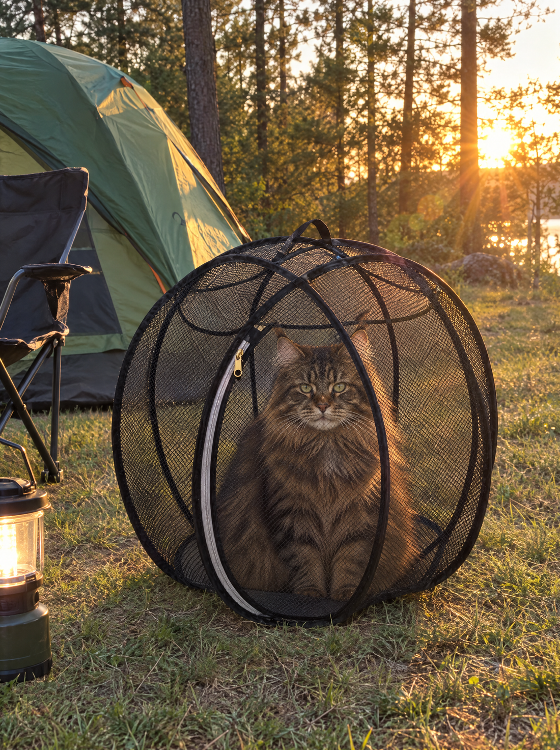 Maine Coon sitting in a black Meowtside Ball next to a tent at a campsite