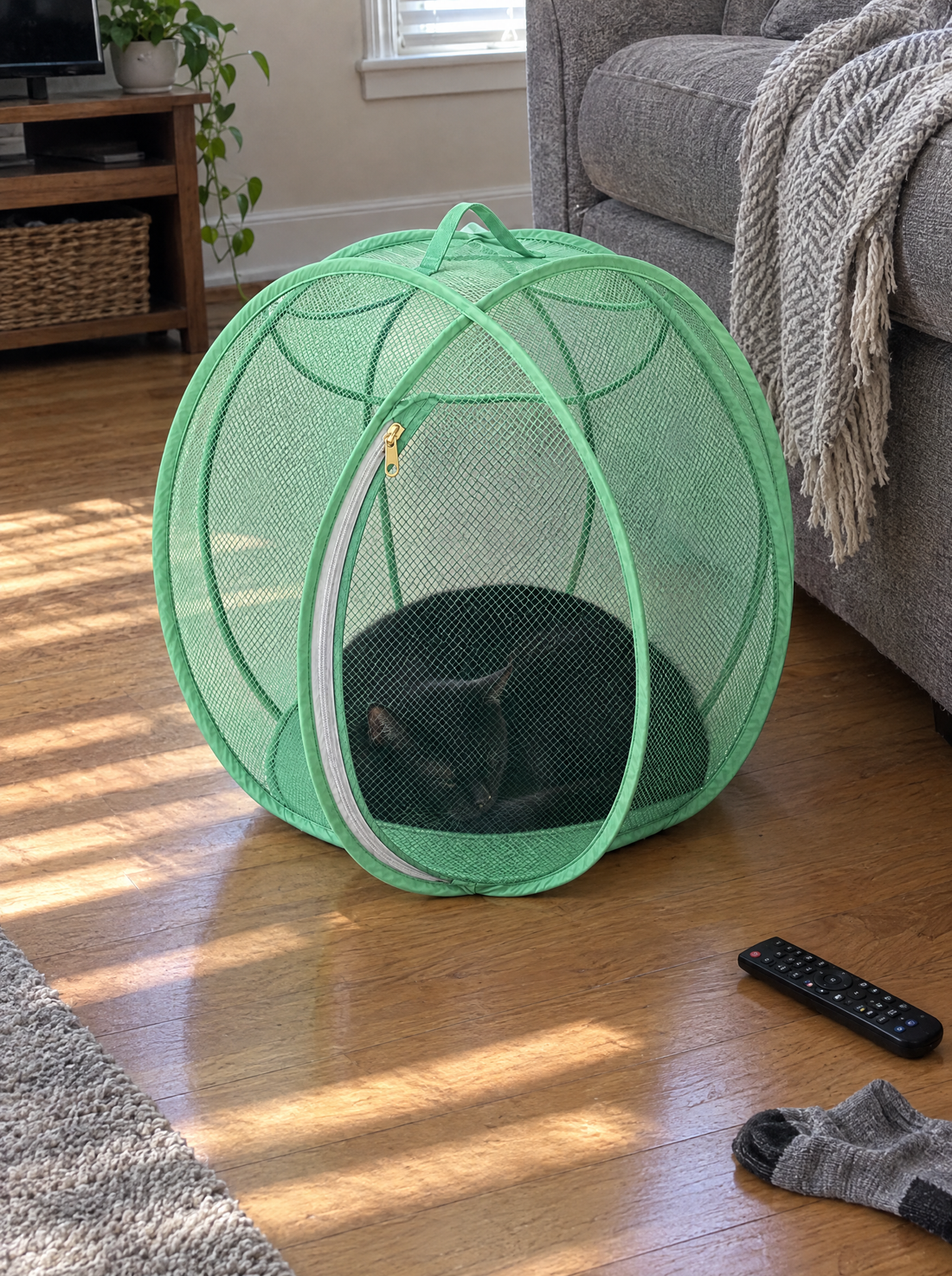 Black cat napping inside a mint Meowtside Ball on a living room floor