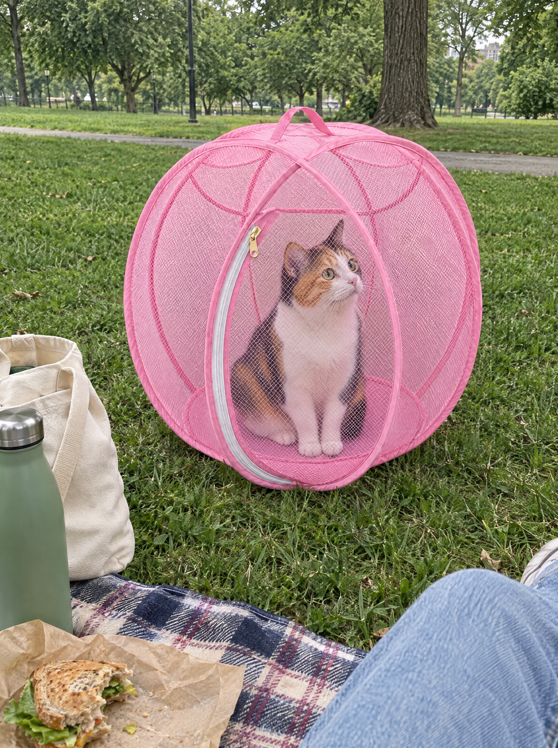 Calico cat sitting in a pink Meowtside Ball beside a picnic blanket at the park