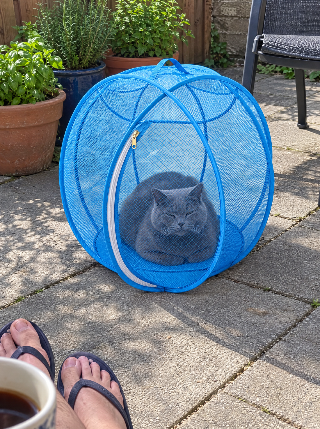 Grey British Shorthair loafing in a sky blue Meowtside Ball on a sunny patio