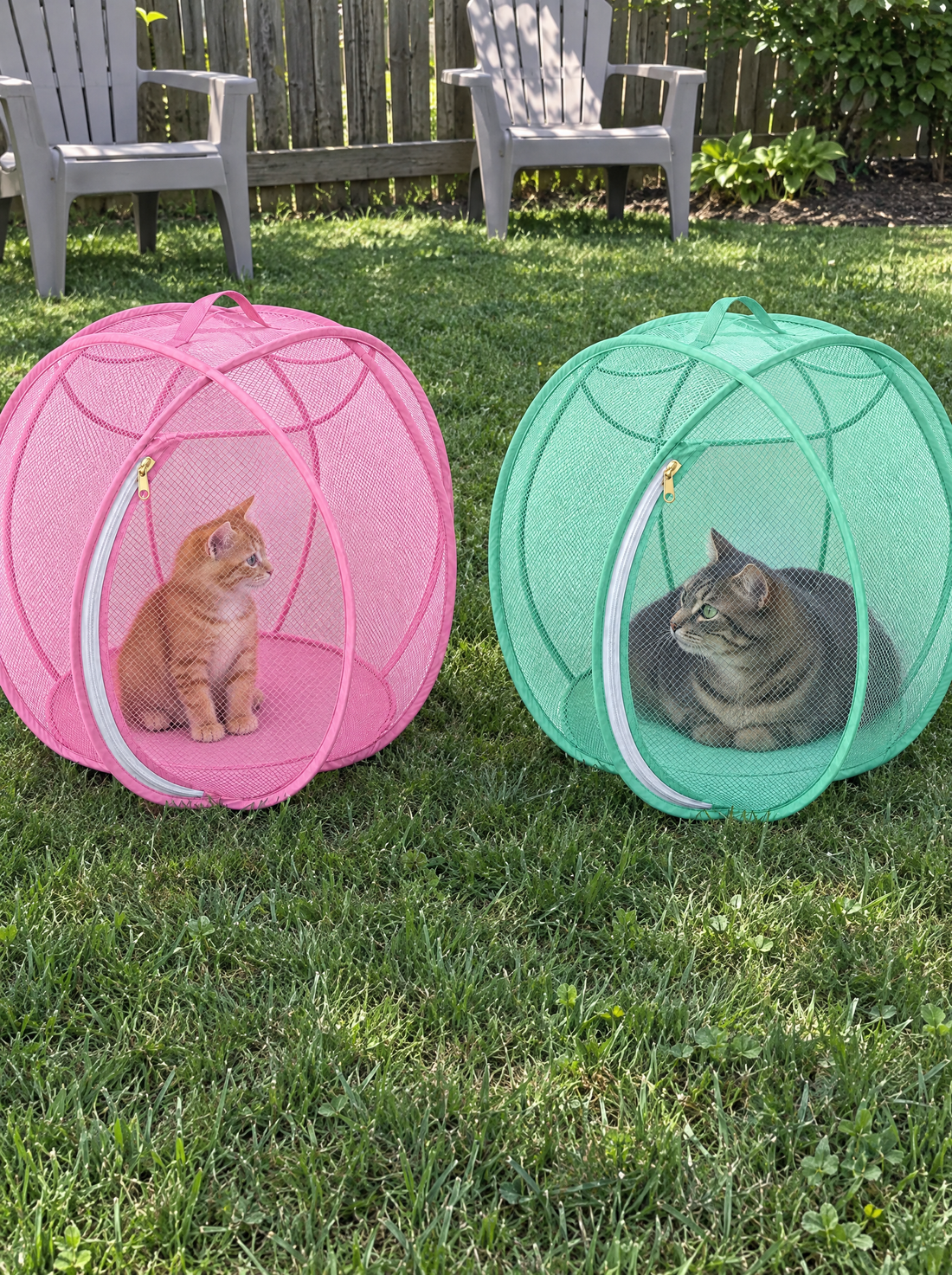 Ginger kitten in a pink ball and grey tabby in a mint ball side by side on the lawn